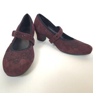 Hotter Charmaine Burgundy Suede Mary Jane Low Chunky Heel Comfort Shoes Size 7.5